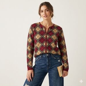 ​Alfred Dunner Petite Vintage 90s Argyle Zip Front Cardigan Sweater PM Red Tan